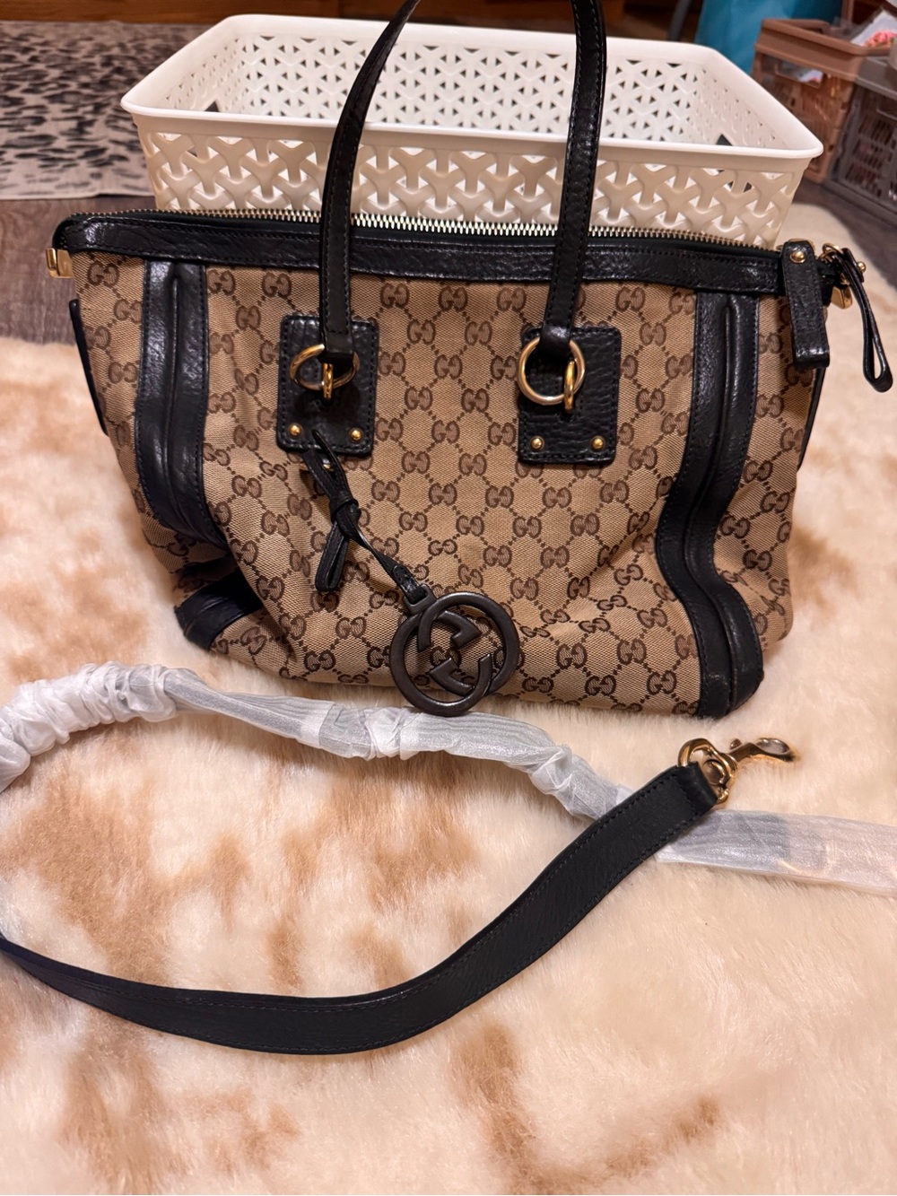 Gucci Brown GG Canvas Tote with Black Leather Trim with COA